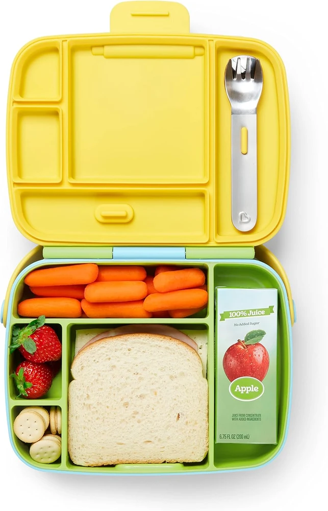 Munchkin bento pietų dėžutė vaikams su 5 skyreliais ir nerūdijančiojo plieno įrankiais, žalia
