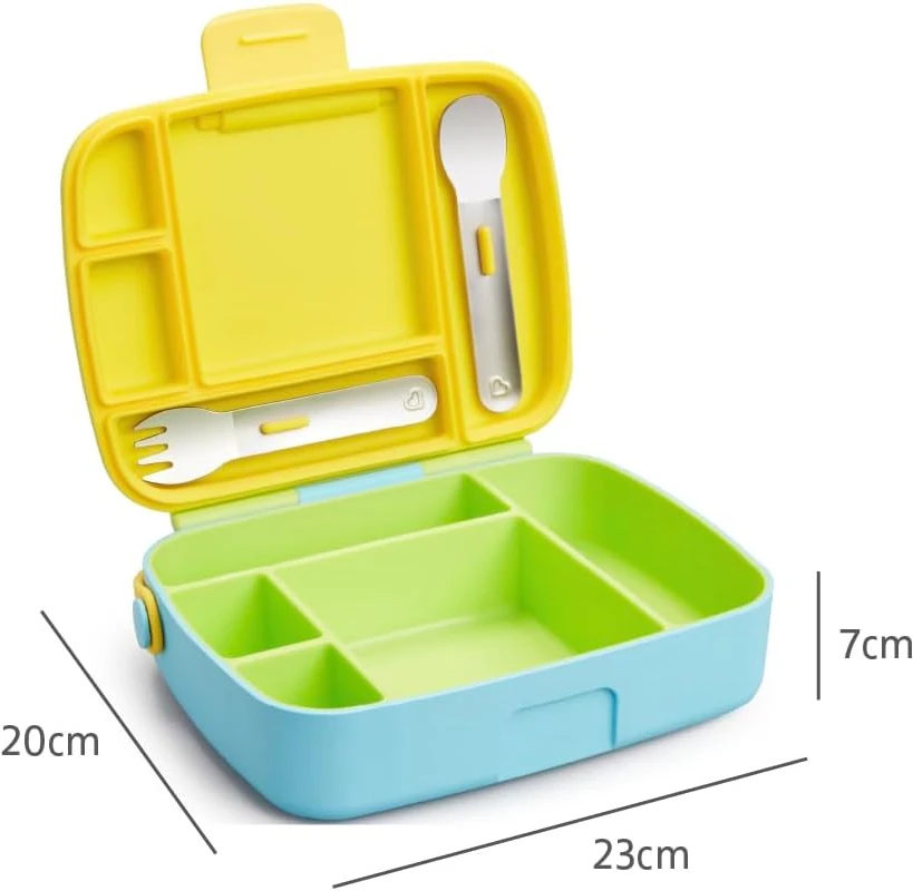 Munchkin bento pietų dėžutė vaikams su 5 skyreliais ir nerūdijančiojo plieno įrankiais, žalia