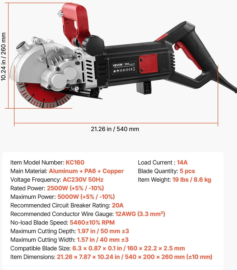 Mūro rėžtuvas VEVOR KC160, 5000 W