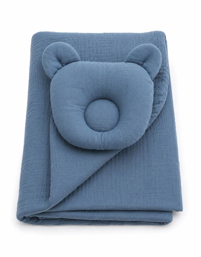 Muslino kūdikio miegmaišis su meškučio pagalve, 2 dalių komplektas, denim mėlynas