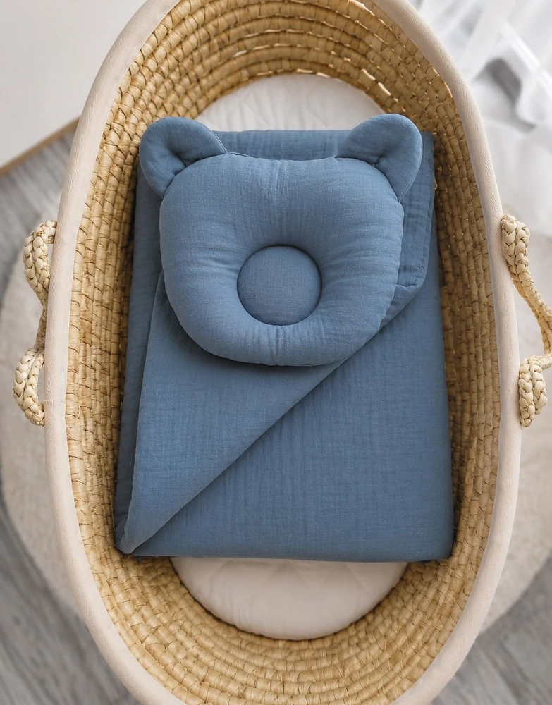Muslino kūdikio miegmaišis su meškučio pagalve, 2 dalių komplektas, denim mėlynas