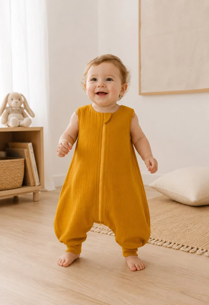My Sweet Baby Muslininis vasarinis miegmaišis vaikams 2-4 m. su kojomis, TOG 1.0, medaus geltonumo
