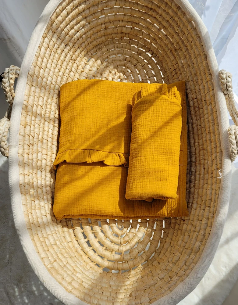 Muslino patalynės komplektas su raukinuku, 2 dalių, honey-yellow