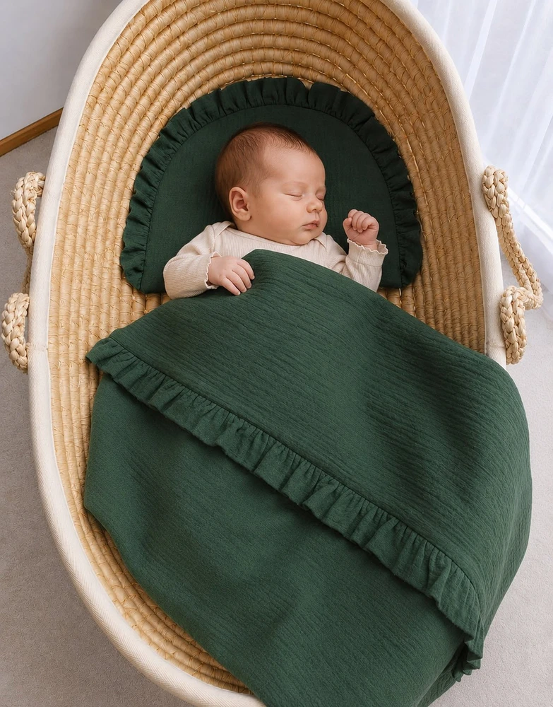 Muslino patalynės komplektas su raukinuku 2 dalių, tamsiai žalios spalvos My Sweet Baby