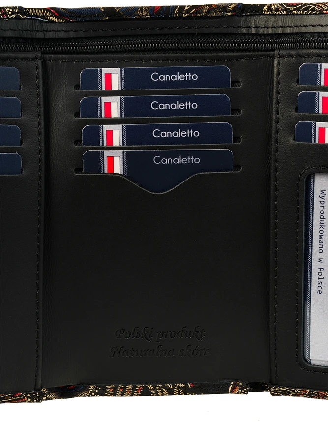 NADIA Portfel damski skórzany juoda auksinė 11 kart Canaletto RFID