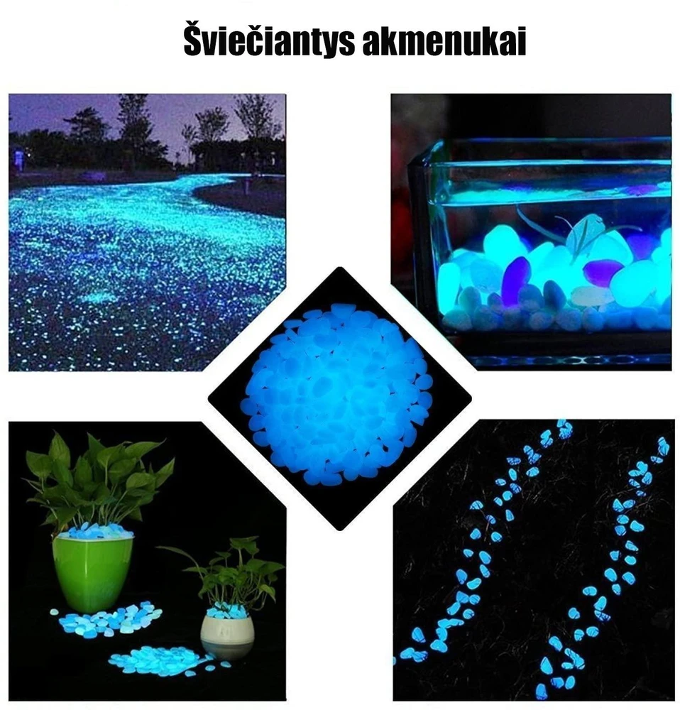 Apte Šviečiantys akmenėliai, 100 vnt., mėlyni, 2-3 cm