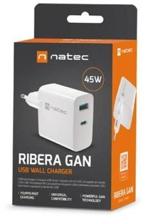 Telefonas Įkroviklis - Natec Ribera Gan 1X USB-A + 1X USB-C 45W Baltas