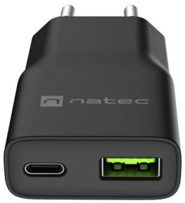 NATEC RIBERA GAN SLIM MAINS CHARGER 1× USB-A + 1× USB-C 20W Juodas