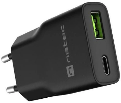 NATEC RIBERA GAN SLIM MAINS CHARGER 1× USB-A + 1× USB-C 20W Juodas