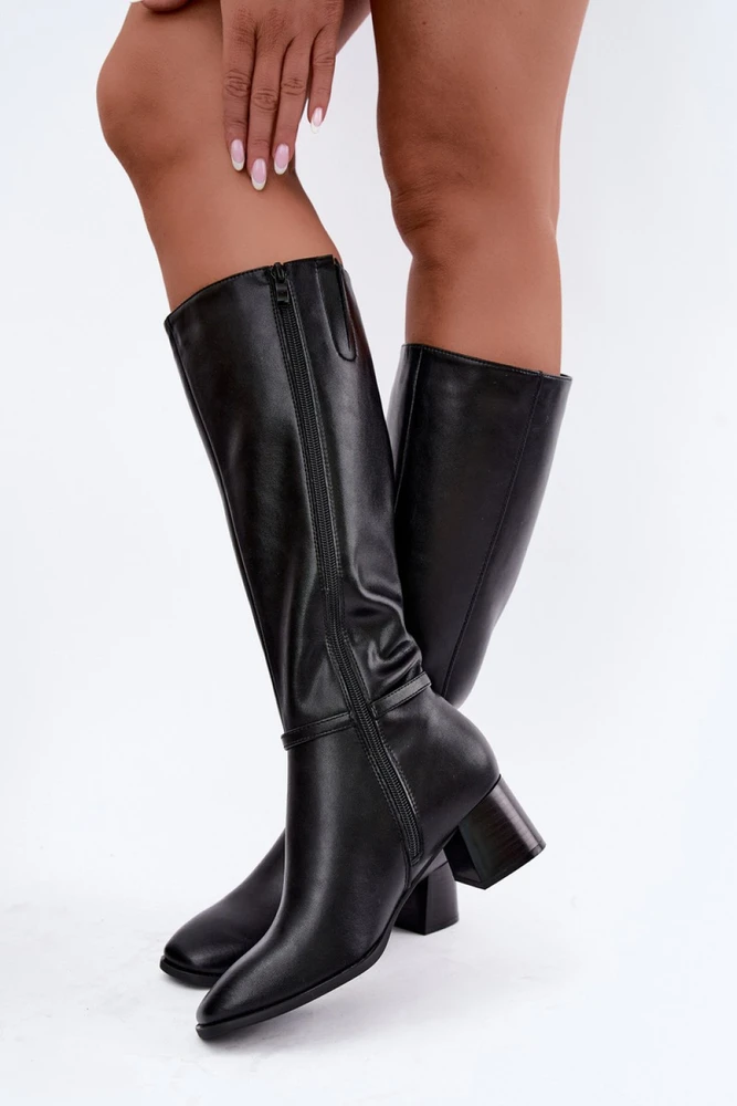 Natūralios odos ilgaauliai batai virš kelių su sagtimi Step in style