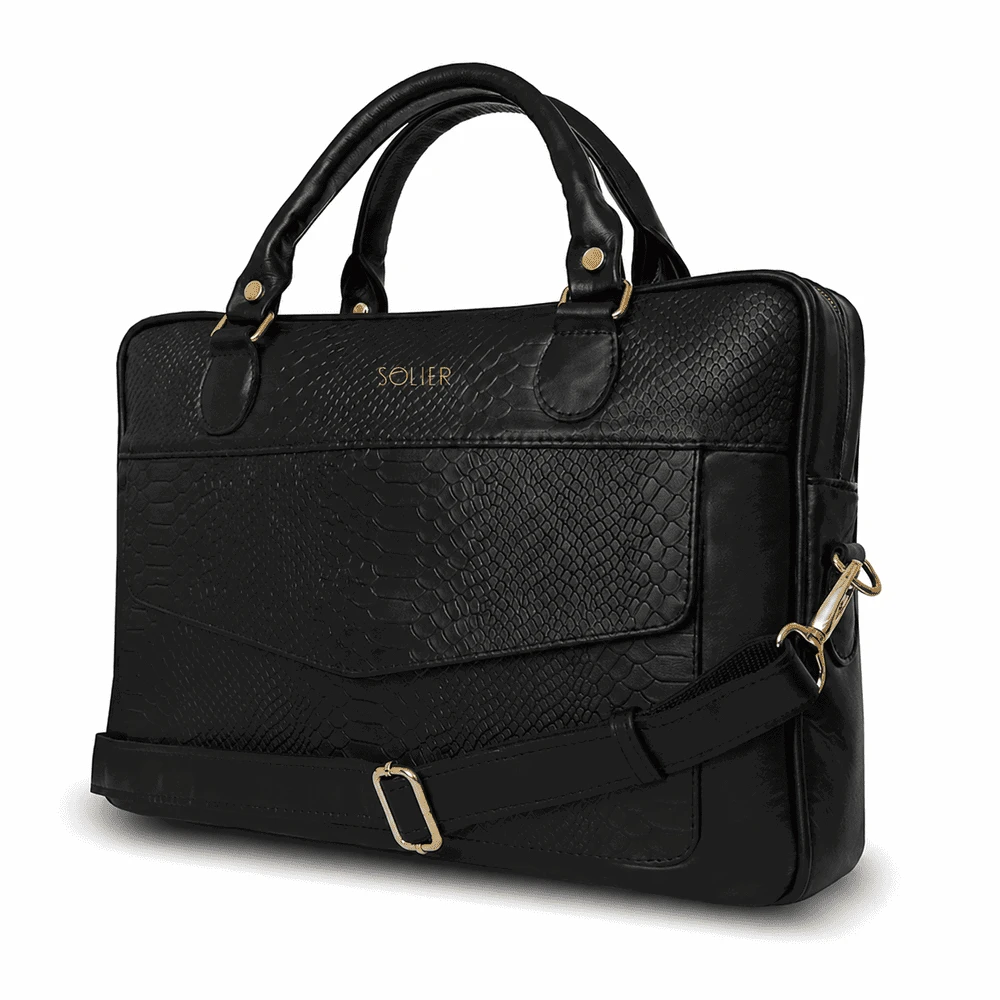 Gold Genuine leather woman s laptop bag FL25 juodas with snake pattern