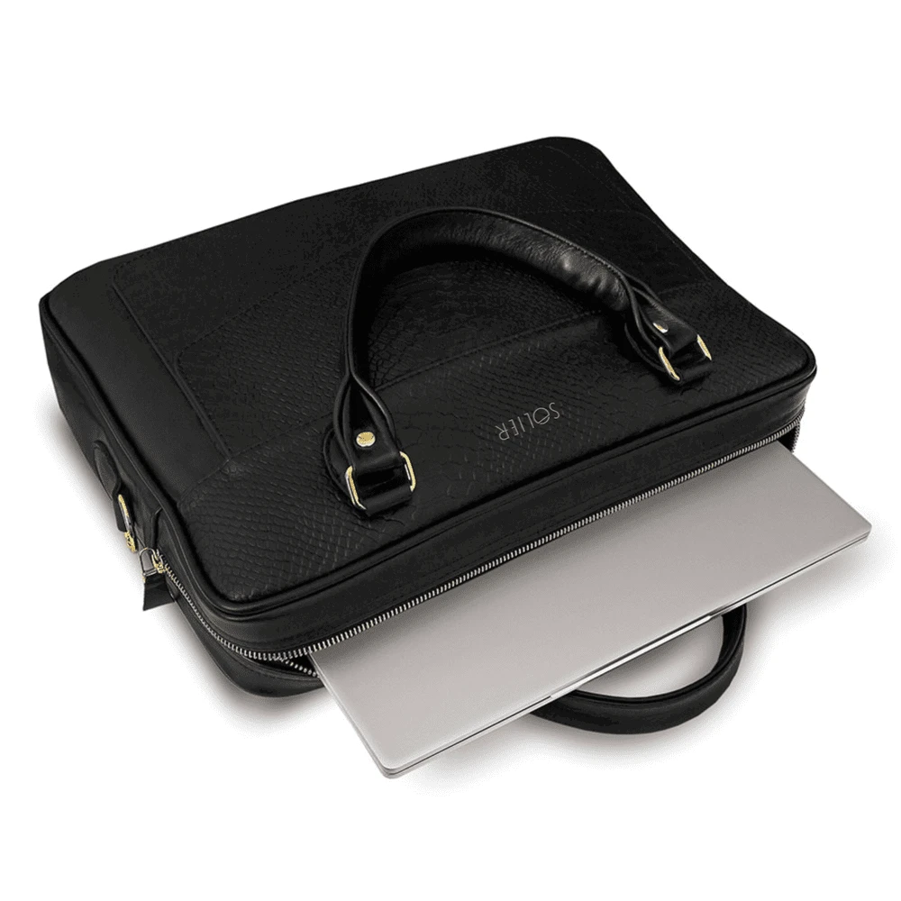 Gold Genuine leather woman s laptop bag FL25 juodas with snake pattern
