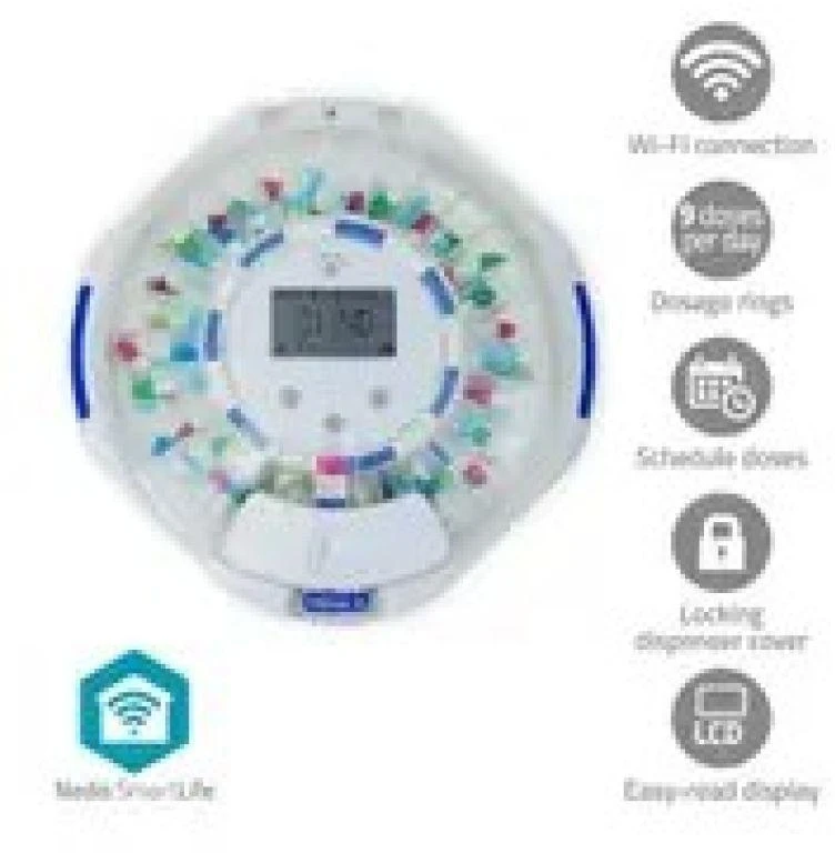 NEI tablečių dozatorius „Nedis SmartLife“ su 28 skyreliais, 9 priminimais Baltose spalvose