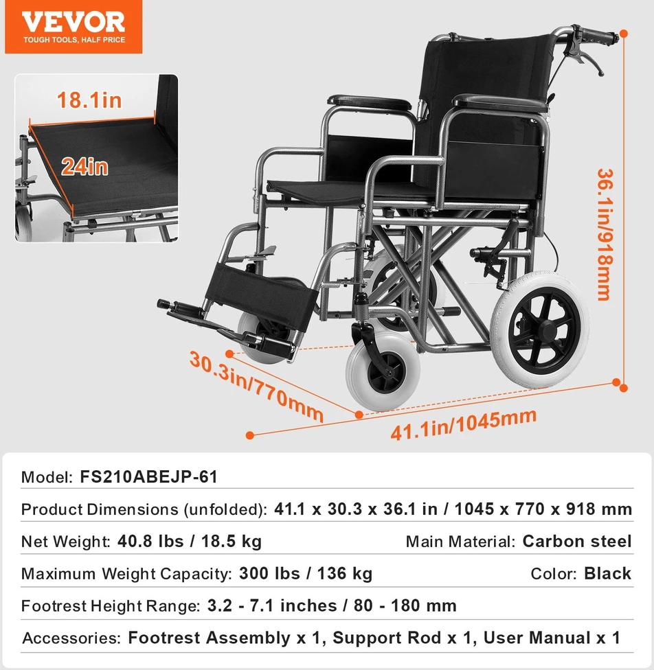 Vevor Sulankstoma plieninė neįgaliojo vežimėlis 61 cm
