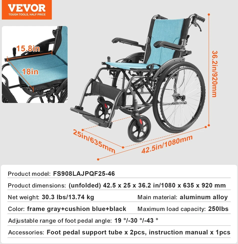 VEVOR Lengvas aliuminis neįgaliojo vežimėlis