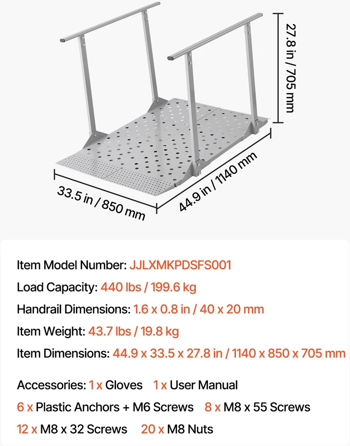 VEVOR Neįgaliojo vežimėlio rampa su turėklais 1140 x 850 mm