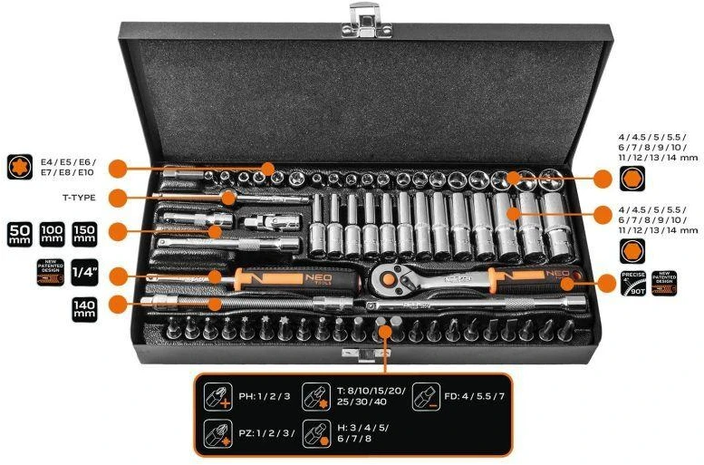 Neo Tools 10-008 GALVUČIŲ RINKINYS 1/4 63 VNT