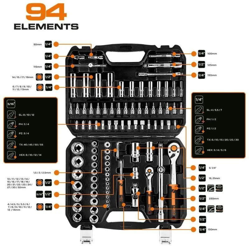 Neo Tools Rinkinys 1/2", 1/4", 94 dalių, CrV, galinių raktų rinkinys