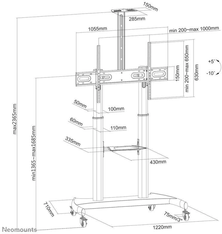 Laikiklis NeoMounts mobilus plokščiaekranis grindų stovas (aukštis: 128-160 cm), 60-100", c:Juodas