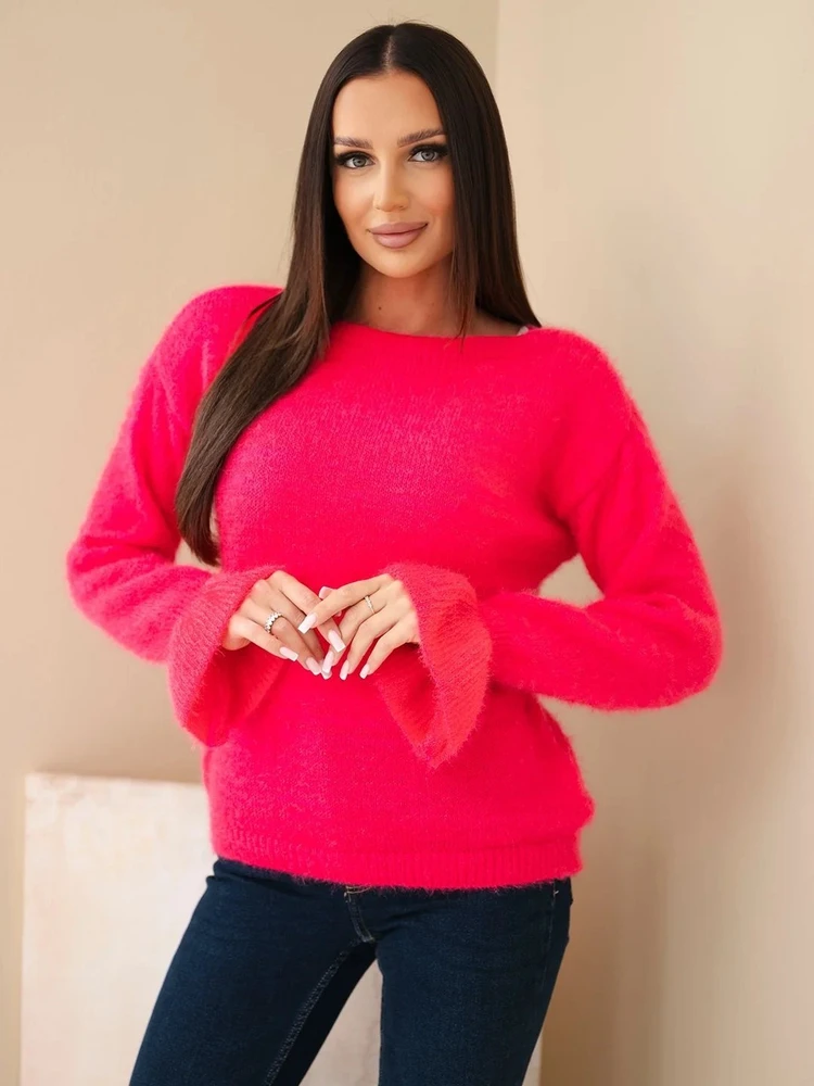 Neoninė rožinė moteriška megztinė su moheriu ir vilna, su raukiniais ties rankovėmis