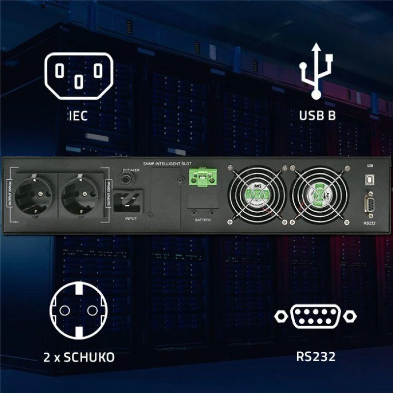 Nepertraukiamo maitinimo šaltinis (UPS) RACK 2.4kVA, 2400W, galios koeficientas 1.0, LCD ekranas, EPO, USB, On-line