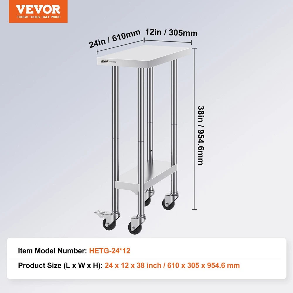 VEVOR Nerūdijančio plieno darbinis stalas 61x30cm su ratukais