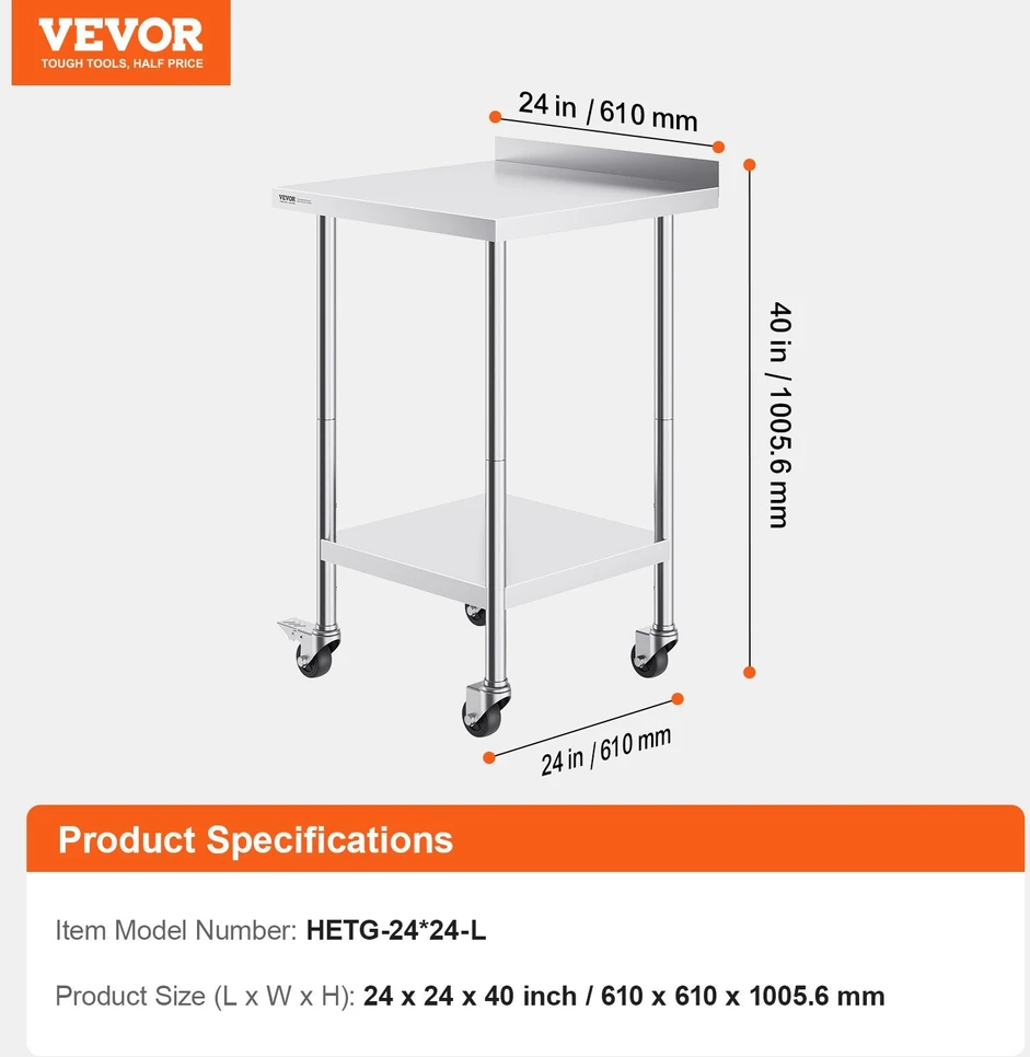 VEVOR Nerūdijančio plieno stalas su ratukais 61x61 cm