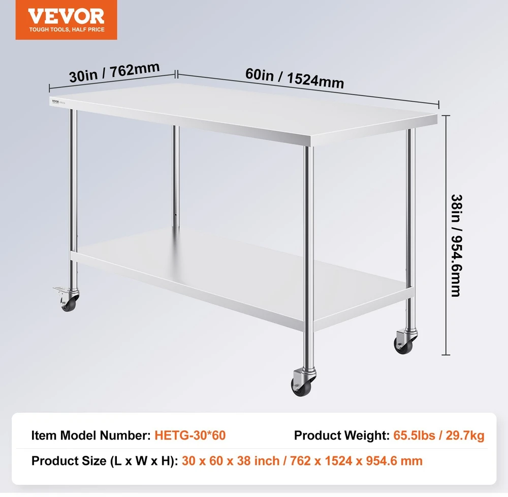 VEVOR nerūdijančio plieno darbastalis 76x152 cm su ratukais