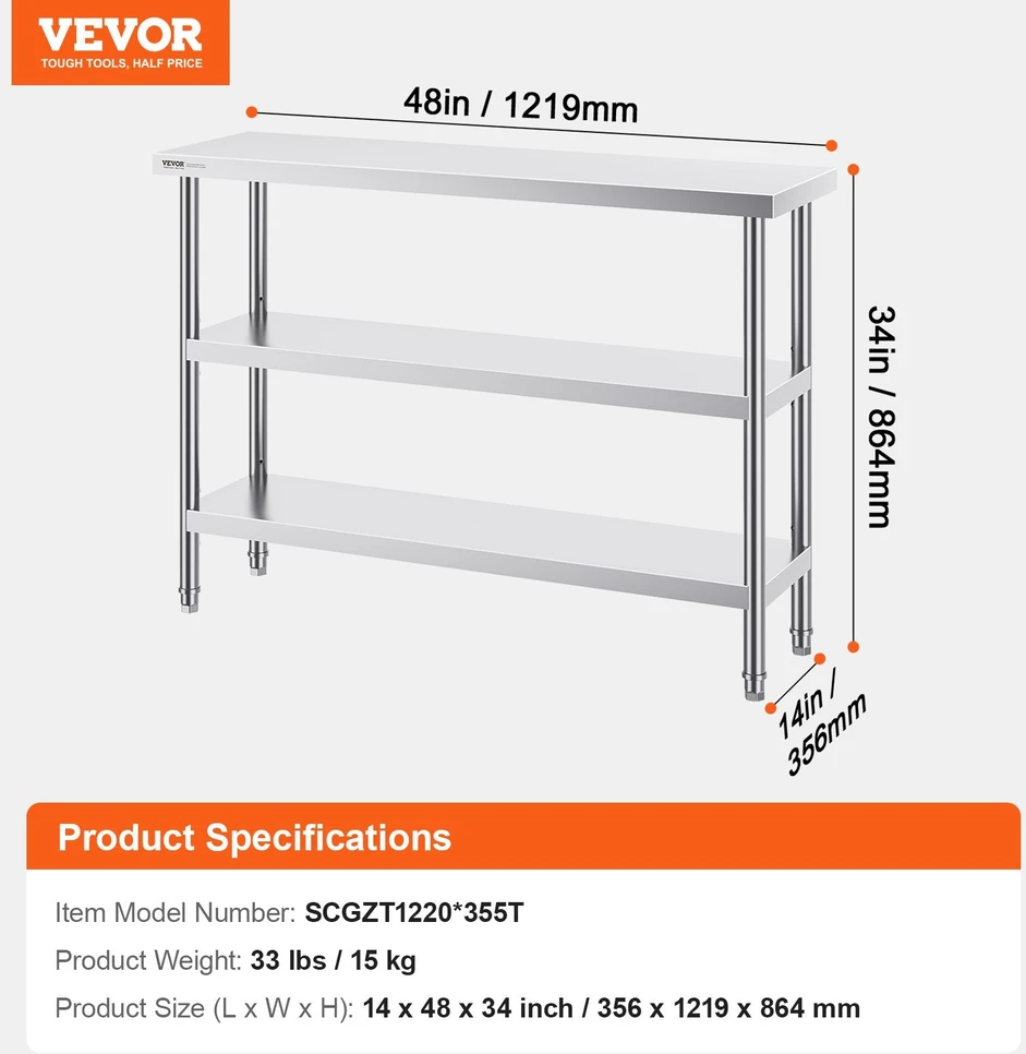 VEVOR Nerūdijančio plieno maisto ruošimo stalas 35,6x121,9 cm
