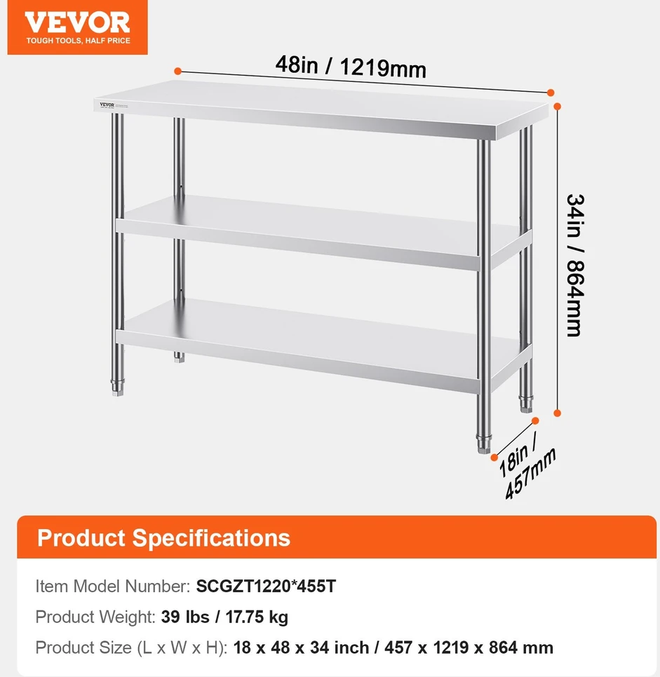VEVOR Nerūdijančio plieno virtuvinis stalas 45x121 cm