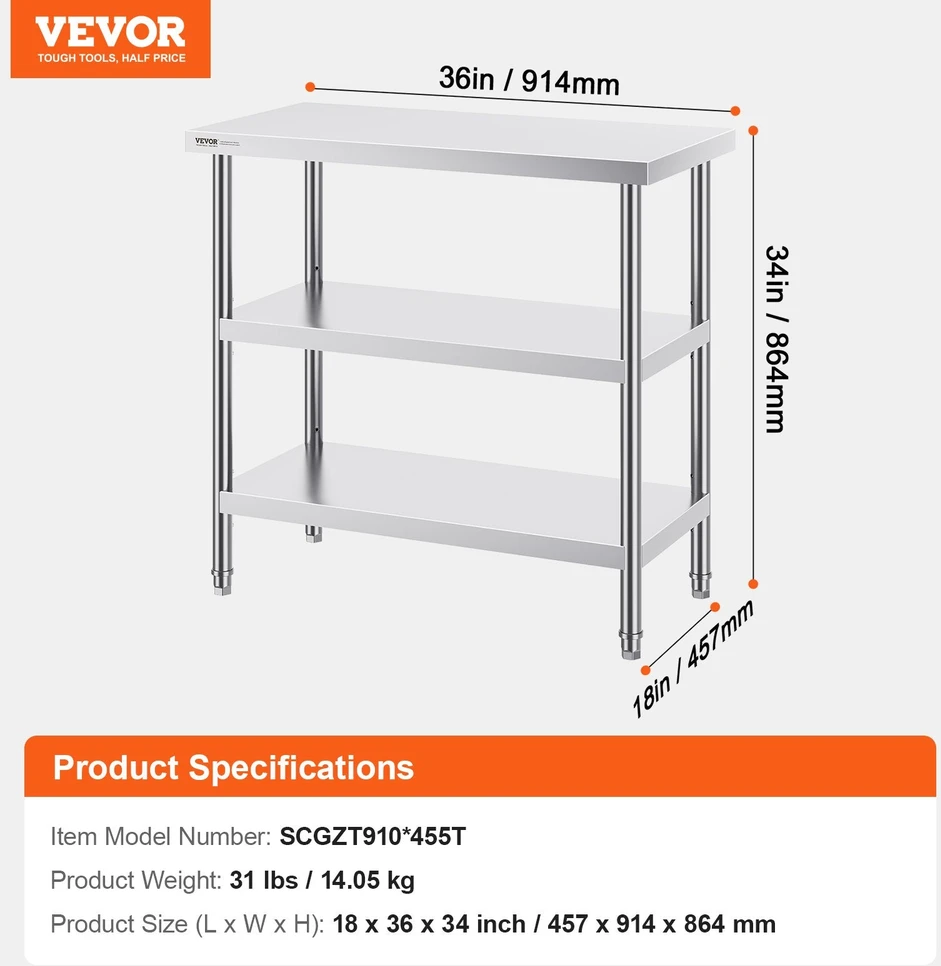 VEVOR Nerūdijančio plieno virtuvinis stalas 45x91 cm