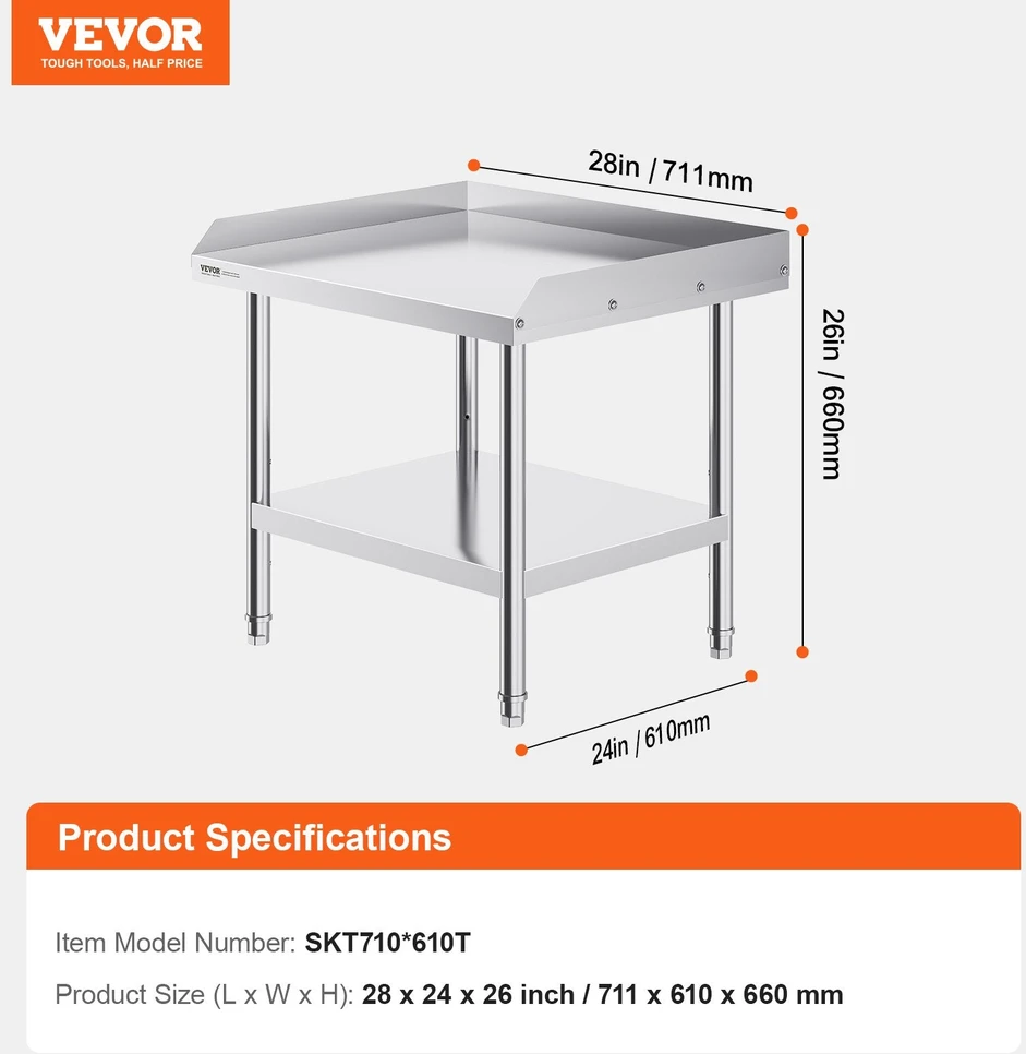 VEVOR Nerūdijančio plieno darbinis stalas restoranui 61x71 cm