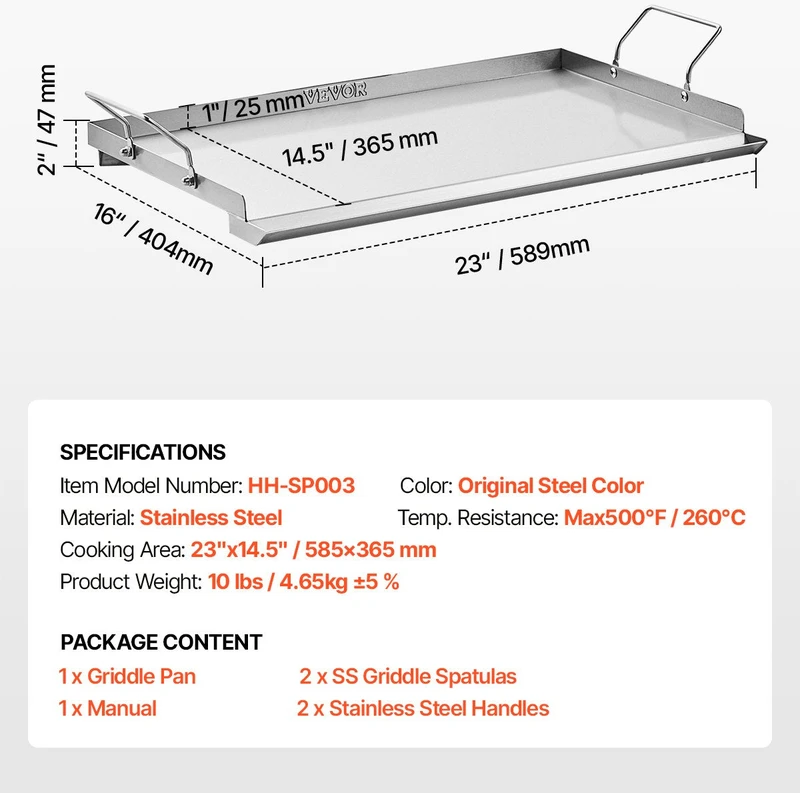 VEVOR Nerūdijančio plieno plokščias grilis 585x406 mm