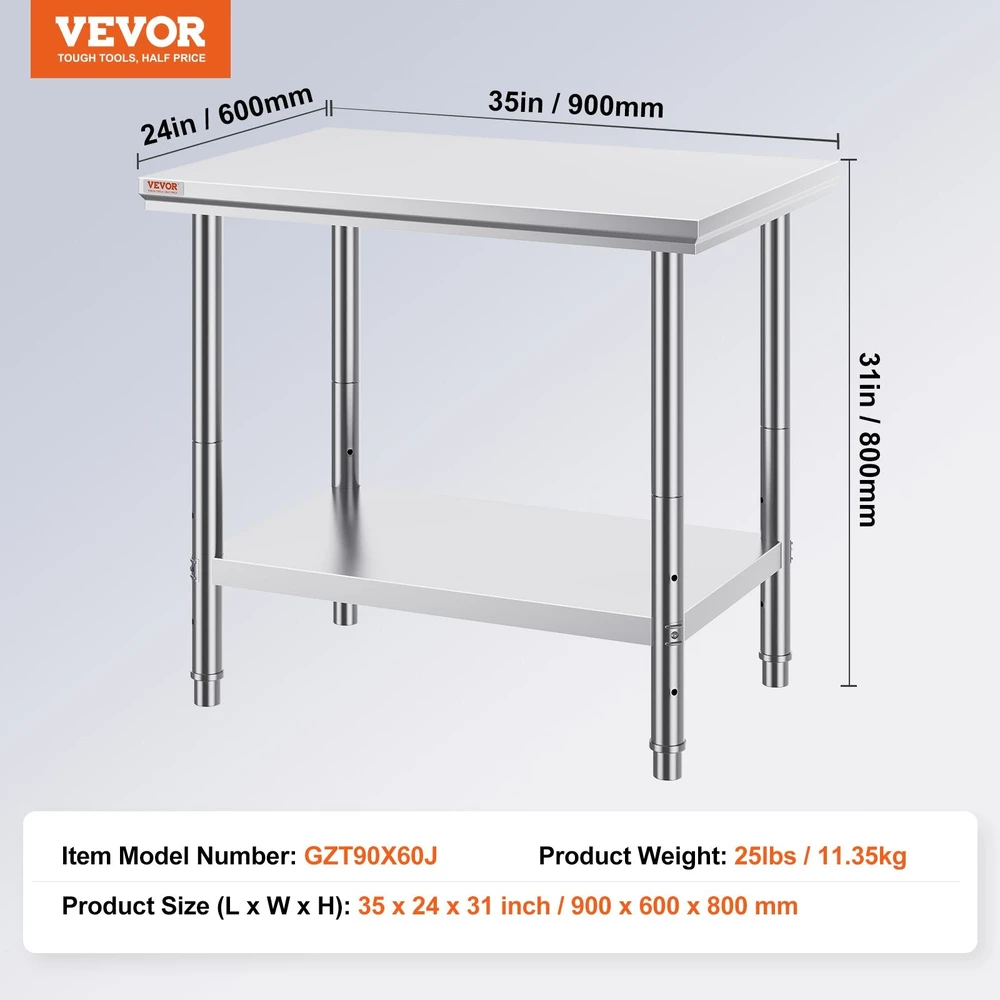 VEVOR Nerūdijančio plieno darbastalis 60x90x80 cm