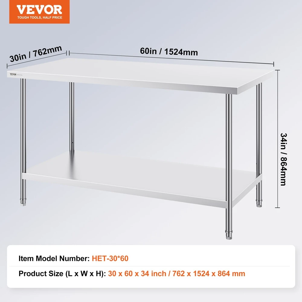 VEVOR Nerūdijančio plieno darbo stalas maisto ruošimui 76x152x86 cm