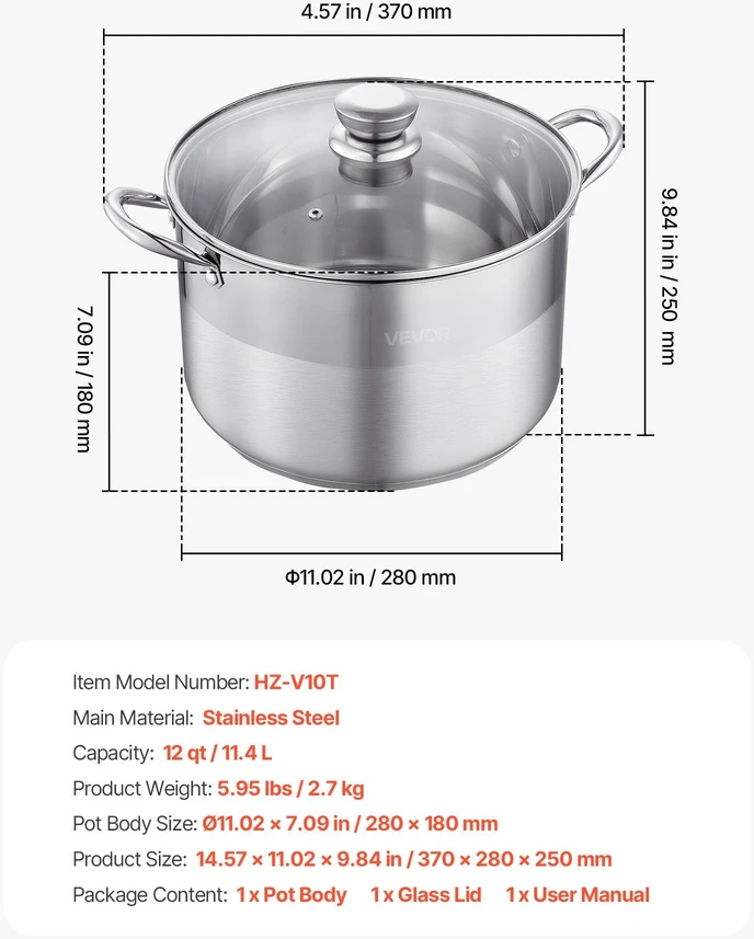 VEVOR Nerūdijančio plieno puodas su stiklo dangčiu, 11,4 l