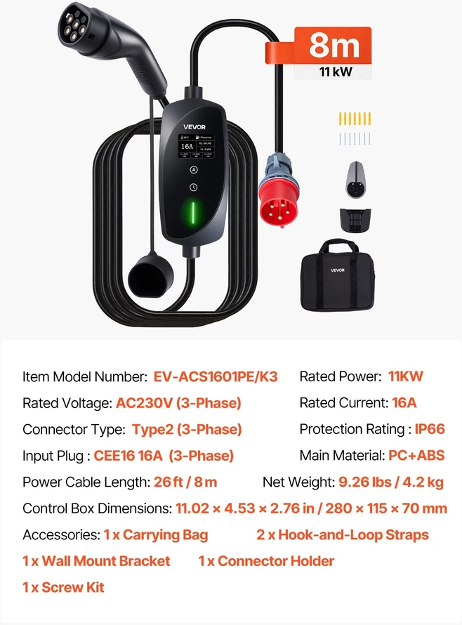 VEVOR Nešiojamas 11 kW EV įkroviklis su 8 m kabeliu