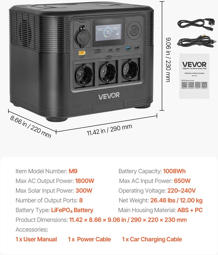 VEVOR Nešiojama saulės stotelė 1800W, 1008Wh