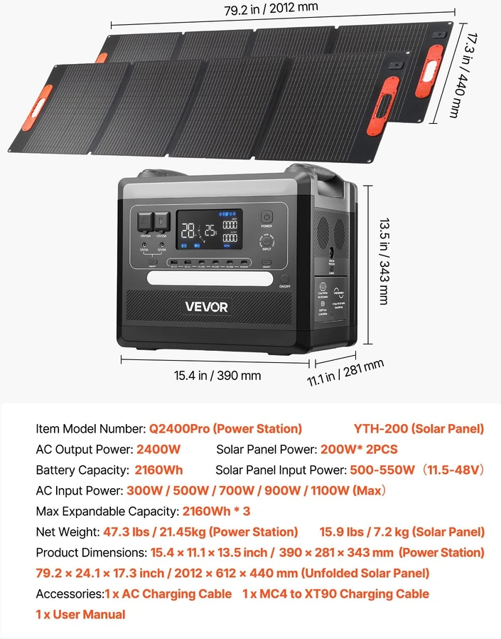 VEVOR Nešiojama saulės jėgainė 2400W su 2160Wh baterija