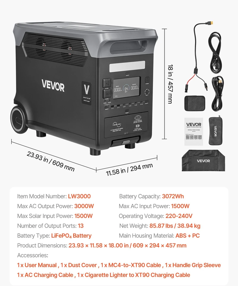 VEVOR Nešiojama galios stotis, 3000W saulės generatorius