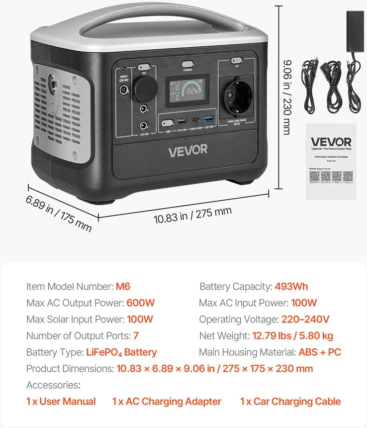 VEVOR Nešiojama 600W elektros stotis su LiFePO4 akumuliatoriumi