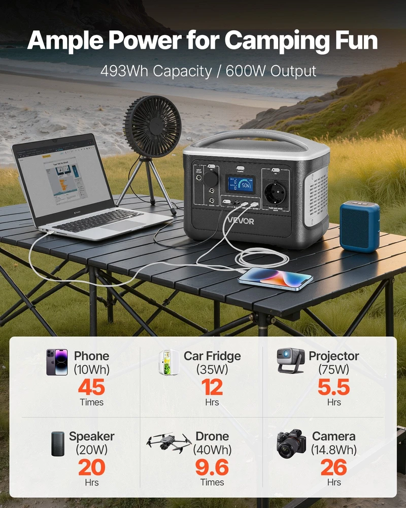 VEVOR Nešiojama 600W elektros stotis su LiFePO4 akumuliatoriumi