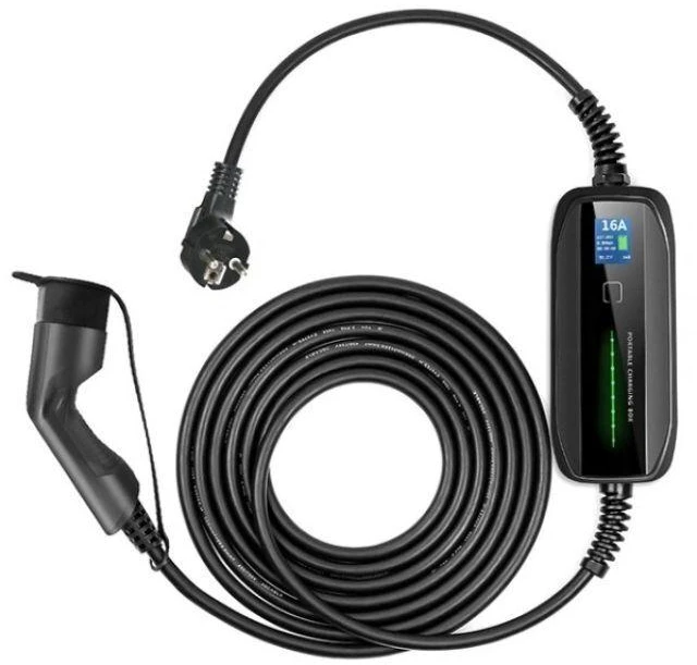 Nešiojamas elektromobilių įkroviklis Extralink BS-PCD030, 16A, 3.6kW, Schuko, 1 fazė, 5.5m, LCD ekranas, IP67