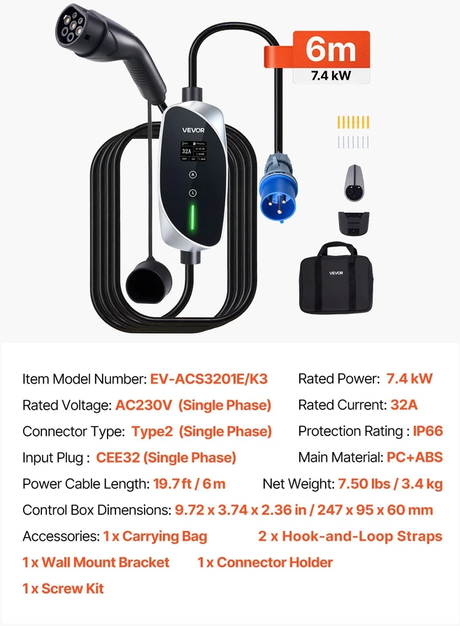 VEVOR Nešiojama EV įkrovimo stotelė su 7.4 kW galia