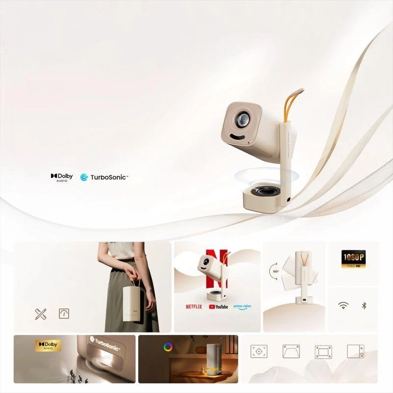 YABER T1 Pro, mini WiFi Projektorius su sukiojamu stovu, Full HD 1080P, 220 ANSI lumens, Creme