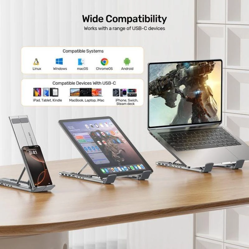 UNITEK D1137AGY01 nešiojamojo kompiuterio prijungimo stotelė / prievadų replikatorius, USB 3.2 Gen 1 (3.1 Gen 1) Type-C Sidabrinis
