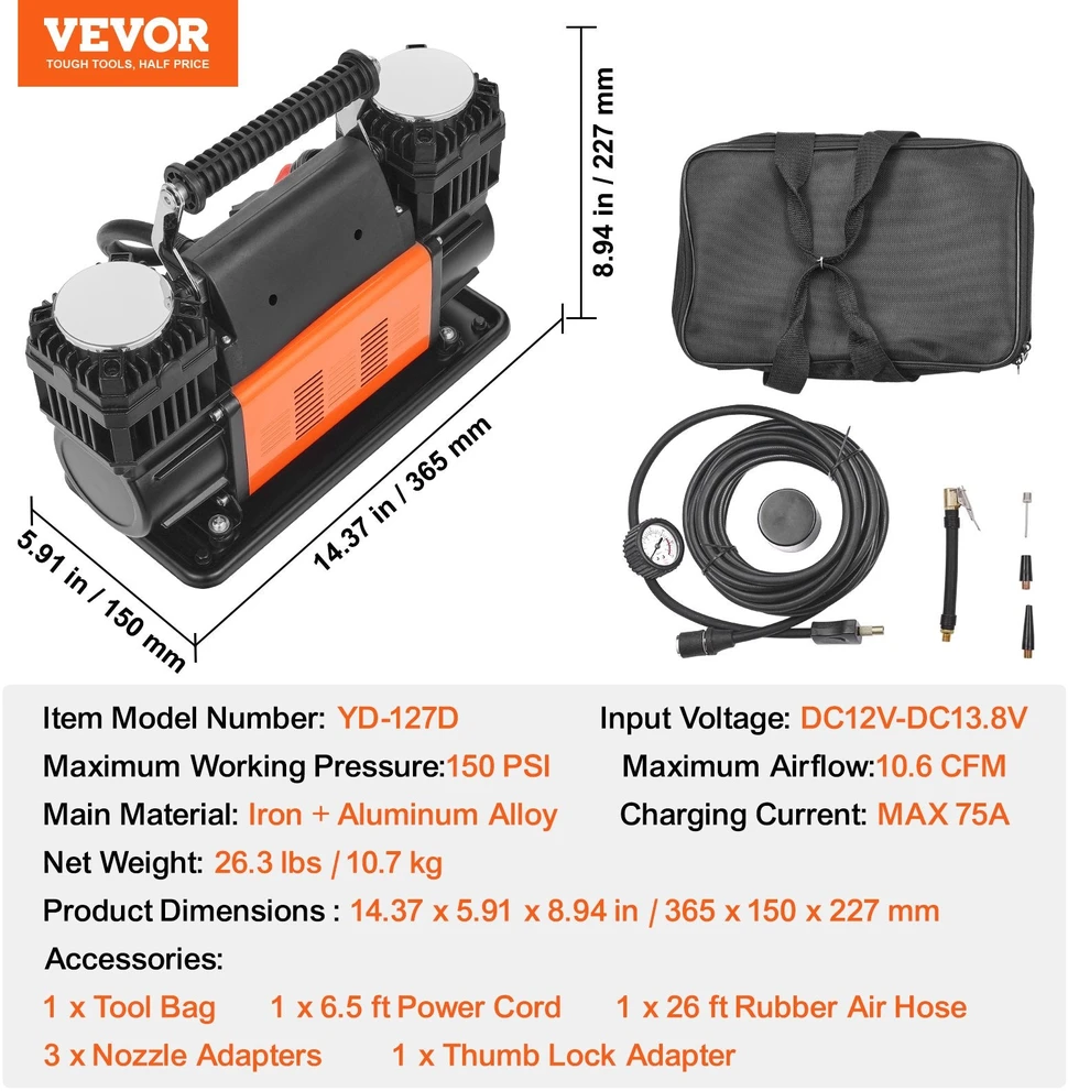 VEVOR 12V 10.6 CFM dviejų cilindrų oro kompresorius