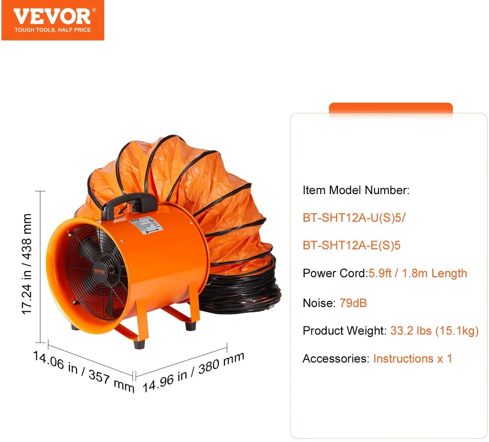 VEVOR Nešiojamas 30 cm ištraukimo ventiliatorius