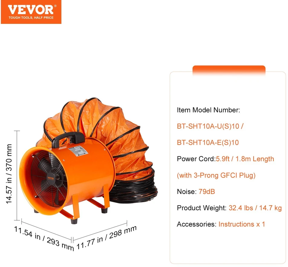 VEVOR 254mm nešiojamas ištraukimo ventiliatorius 10m žarna