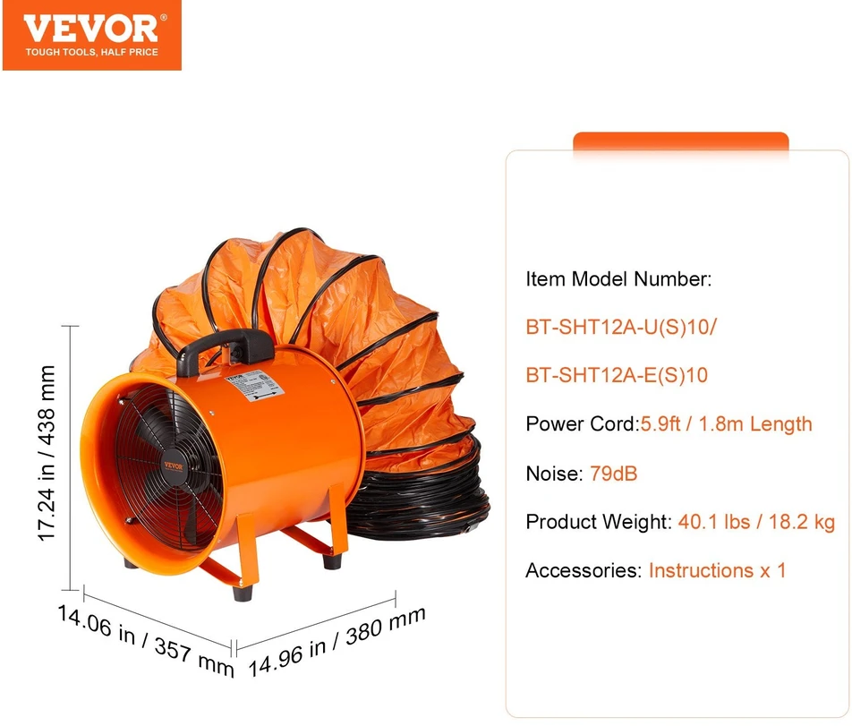 VEVOR Nešiojamas ventiliatorius 380 mm su 10 m žarna